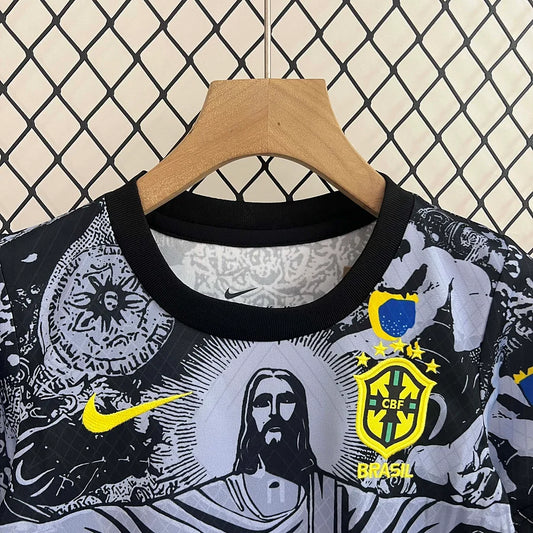 2024 Brazil Special Edition Jesus Black Gray Soccer Jersey Kids Size