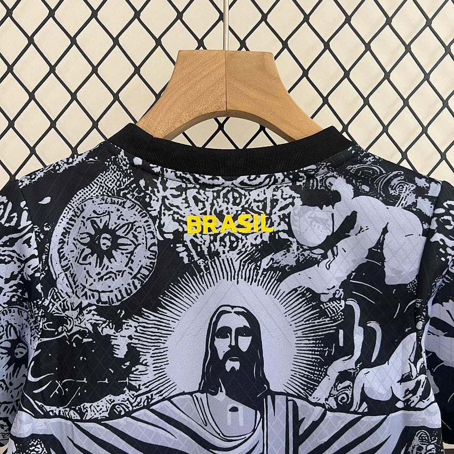 2024 Brazil Special Edition Jesus Black Gray Soccer Jersey Kids Size
