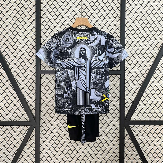 2024 Brazil Special Edition Jesus Black Gray Soccer Jersey Kids Size